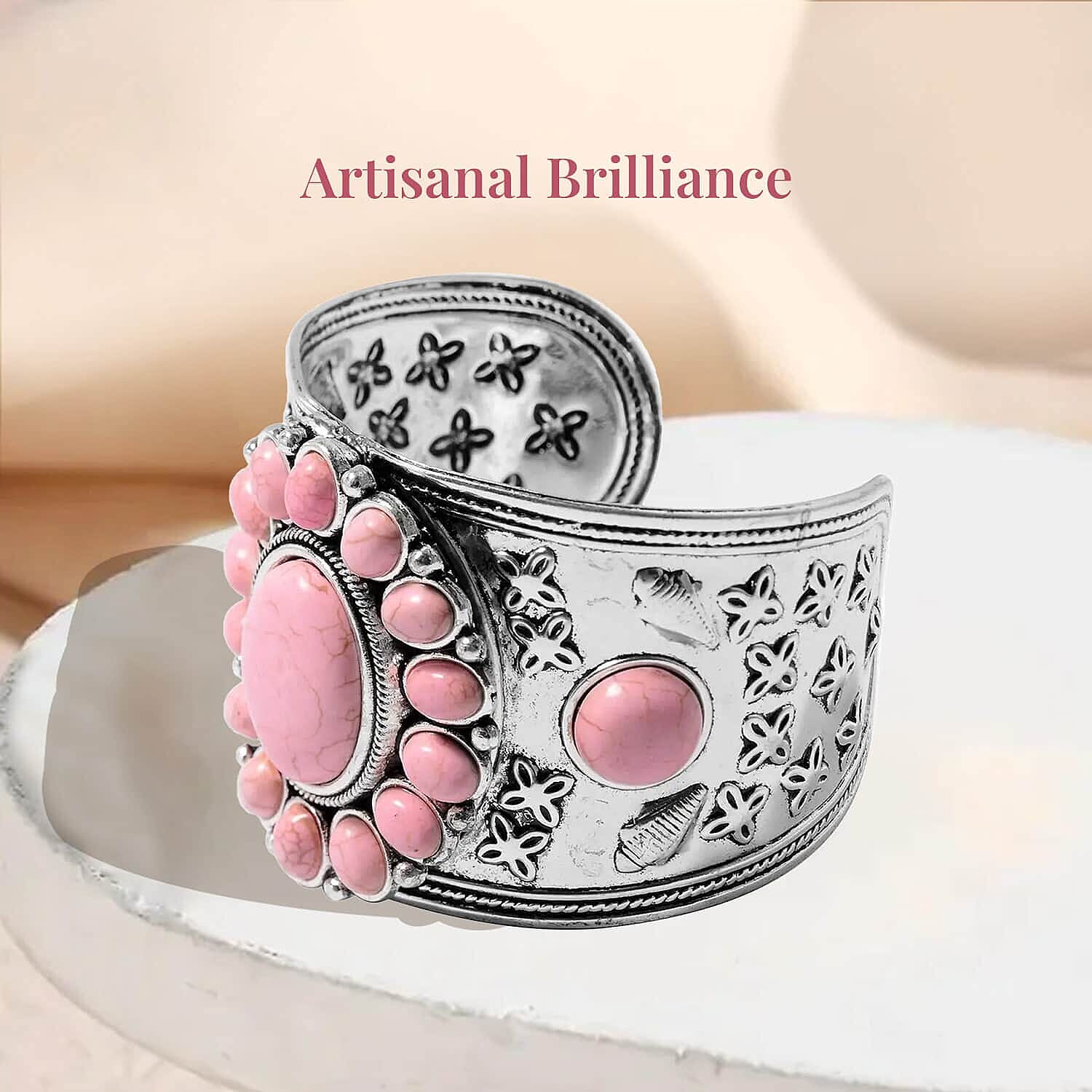 Set of 3 Multi Color Howlite Floral Cuff Bracelet (7.50-8.50 In), Earrings and Pendant Necklace (26-30 Inches) Jewelry Set in Silvertone 470.00 ctw