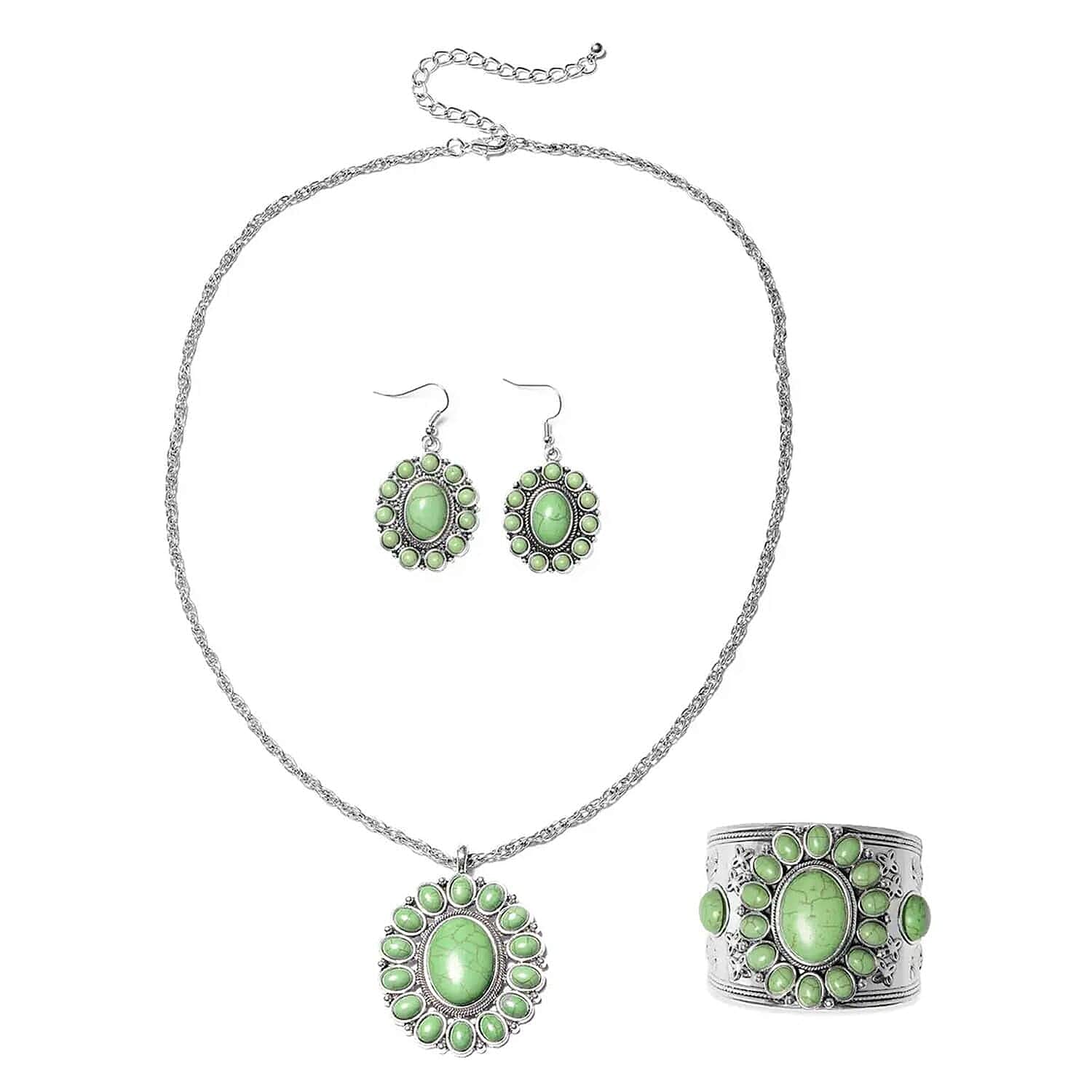 Set of 5 Multi Color Howlite Floral Cuff Bracelet (7.50-8.50 In), Earrings and Pendant Necklace (26-30 Inches) Jewelry Set in Silvertone 750.00 ctw