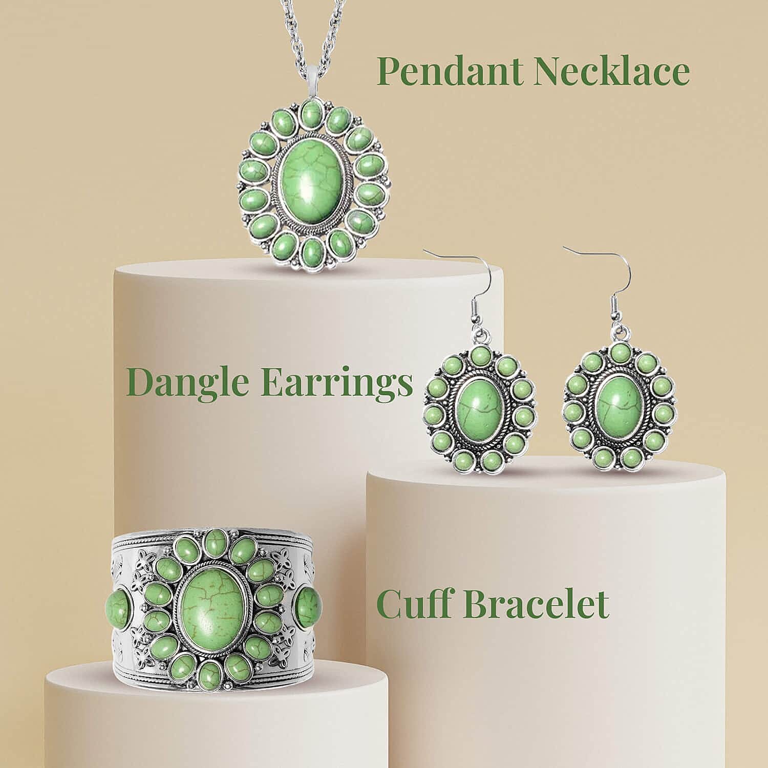Set of 5 Multi Color Howlite Floral Cuff Bracelet (7.50-8.50 In), Earrings and Pendant Necklace (26-30 Inches) Jewelry Set in Silvertone 750.00 ctw