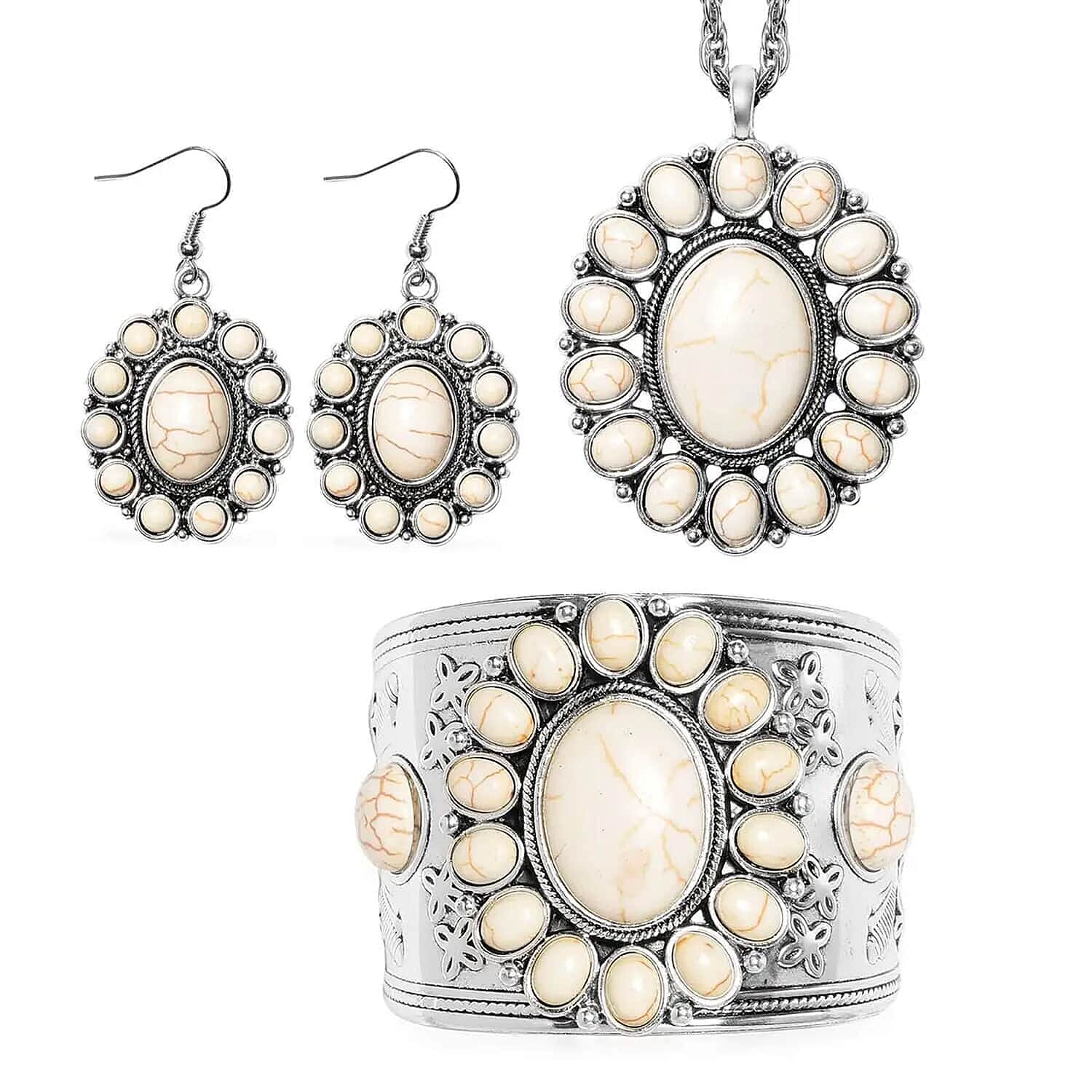 Set of 5 Multi Color Howlite Floral Cuff Bracelet (7.50-8.50 In), Earrings and Pendant Necklace (26-30 Inches) Jewelry Set in Silvertone 750.00 ctw