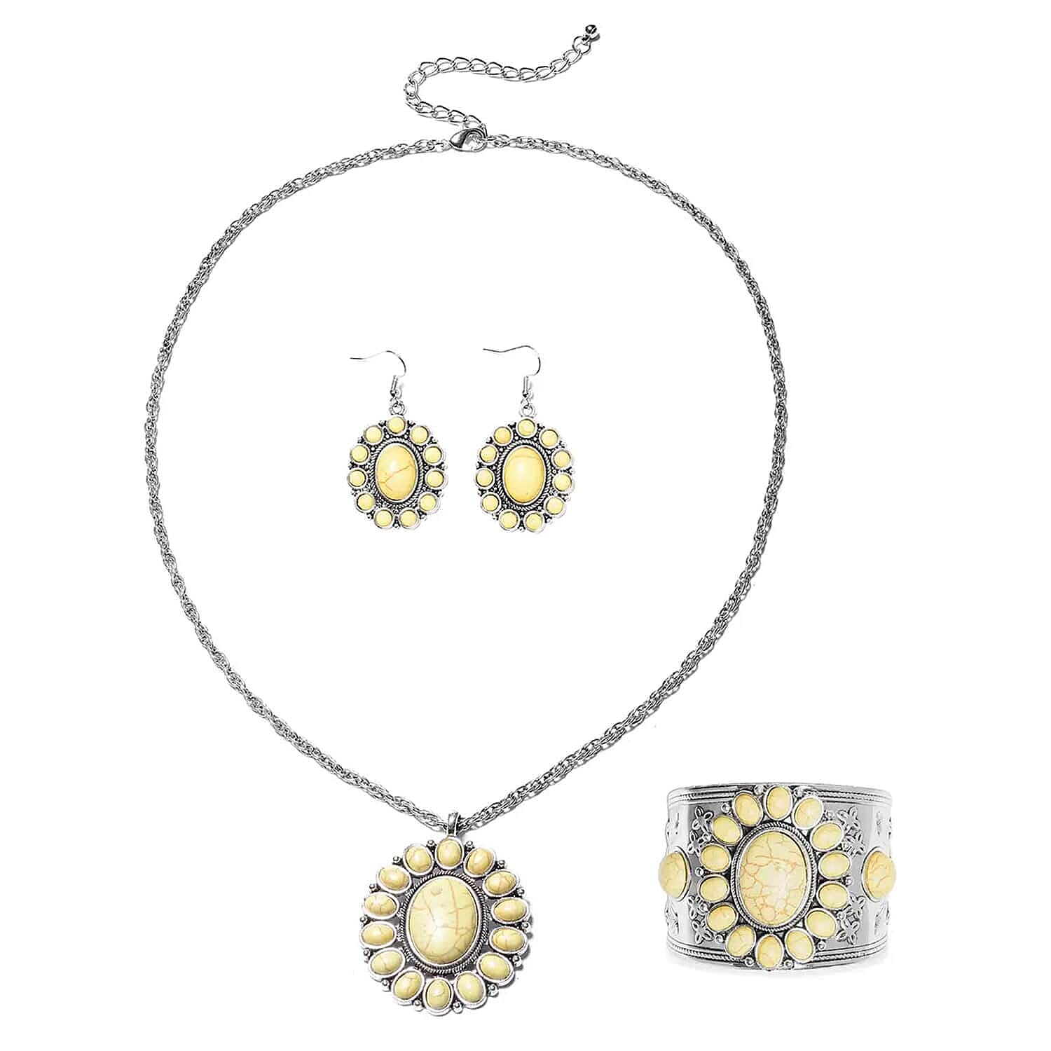 Set of 5 Multi Color Howlite Floral Cuff Bracelet (7.50-8.50 In), Earrings and Pendant Necklace (26-30 Inches) Jewelry Set in Silvertone 750.00 ctw