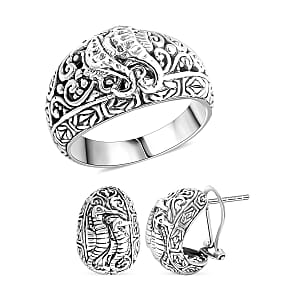 Bali Legacy Sterling Silver Seahorse Ring (Size 9.0) and Earrings 16.75 Grams