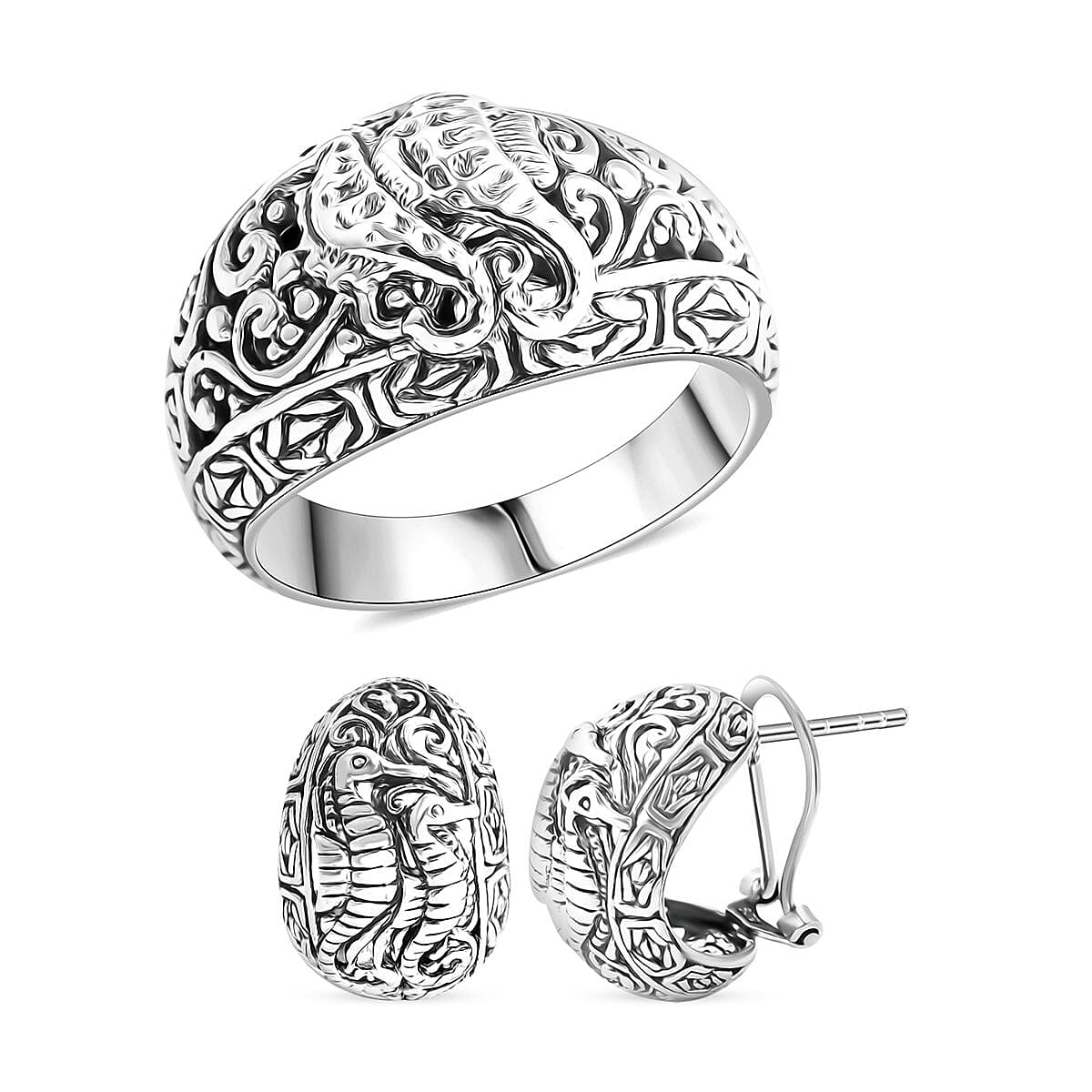 Bali Legacy Sterling Silver Seahorse Ring (Size 10.0) and Earrings 16.75 Grams image number 0