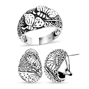Bali Legacy Sterling Silver Butterfly Ring (Size 7.0) and Earrings 17.30 Grams