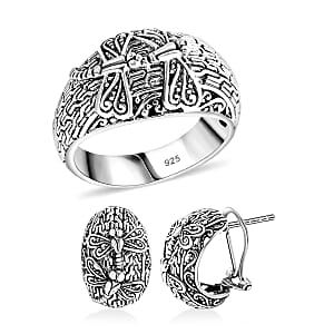 Bali Legacy Sterling Silver Dragonfly Ring (Size 7.0) and Earrings 17.40 Grams
