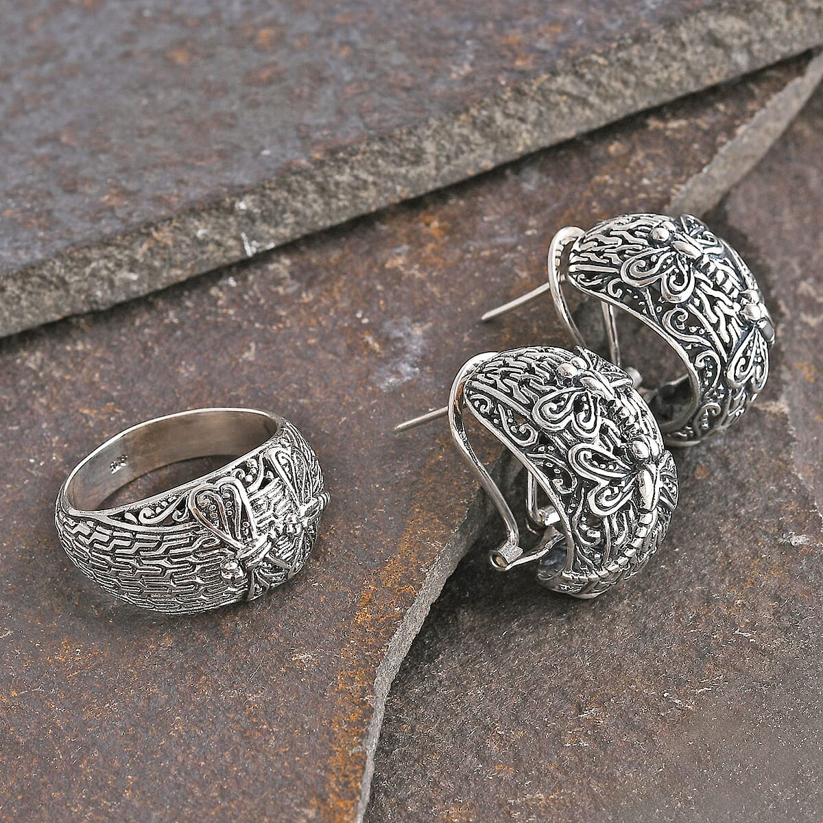 Bali Legacy Sterling Silver Dragonfly Ring (Size 7.0) and Earrings 17.40 Grams image number 1