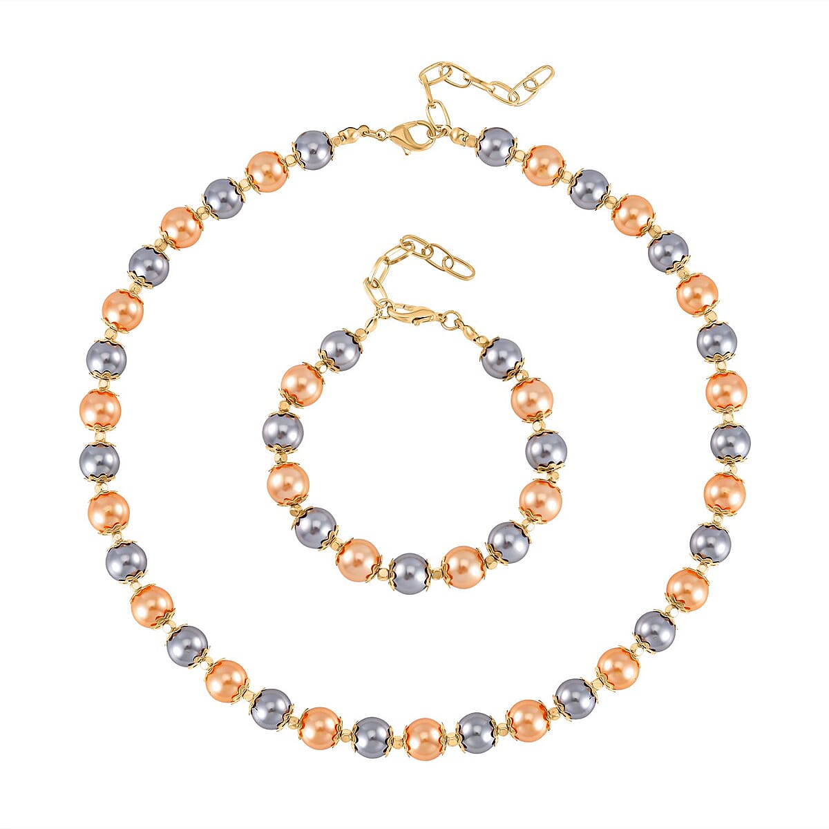 Golden and Silver Shell Pearl Statement Necklace 18-20 Inches and Bracelet (6.5-8.5In) in Goldtone image number 0