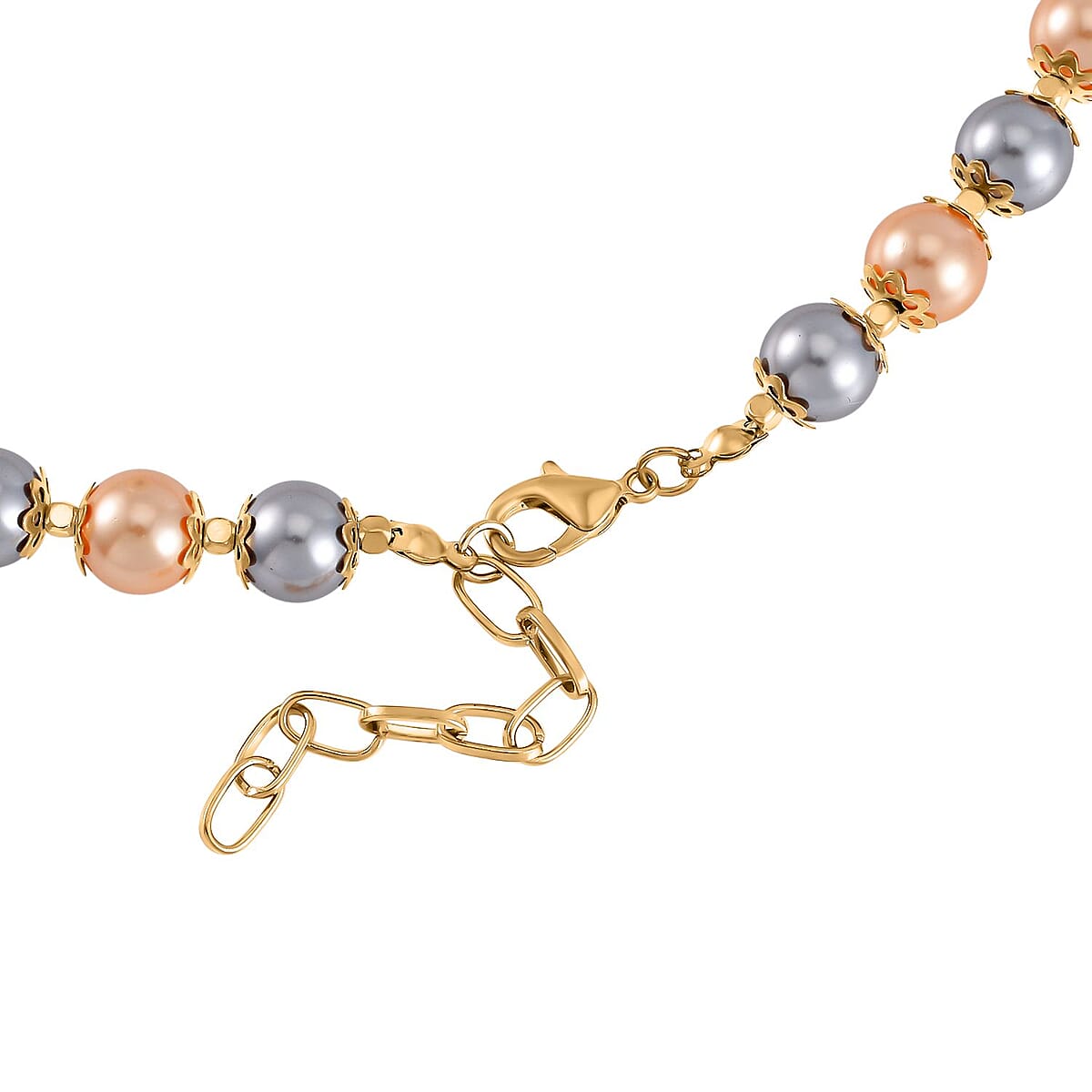 Golden and Silver Shell Pearl Statement Necklace 18-20 Inches and Bracelet (6.5-8.5In) in Goldtone image number 4