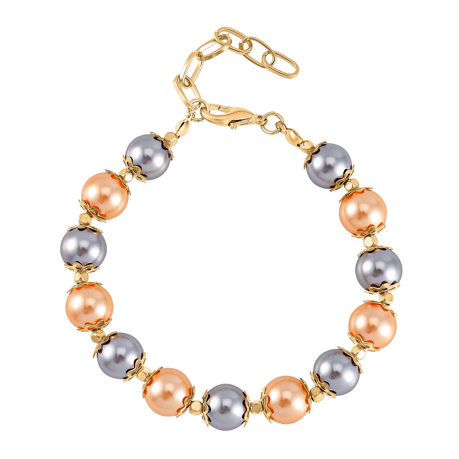 Golden and Silver Shell Pearl Statement Necklace 18-20 Inches and Bracelet (6.5-8.5In) in Goldtone