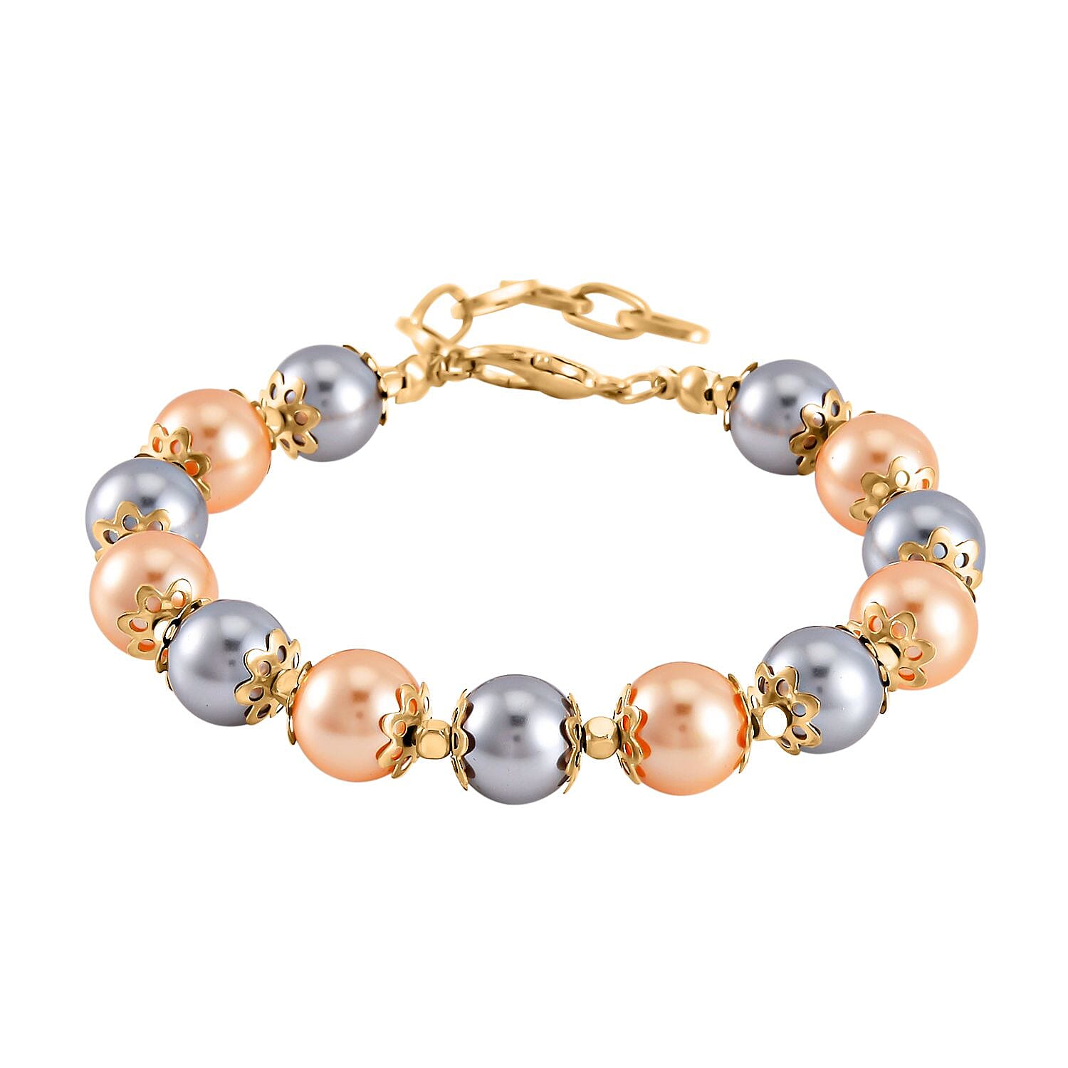 Golden and Silver Shell Pearl Statement Necklace 18-20 Inches and Bracelet (6.5-8.5In) in Goldtone
