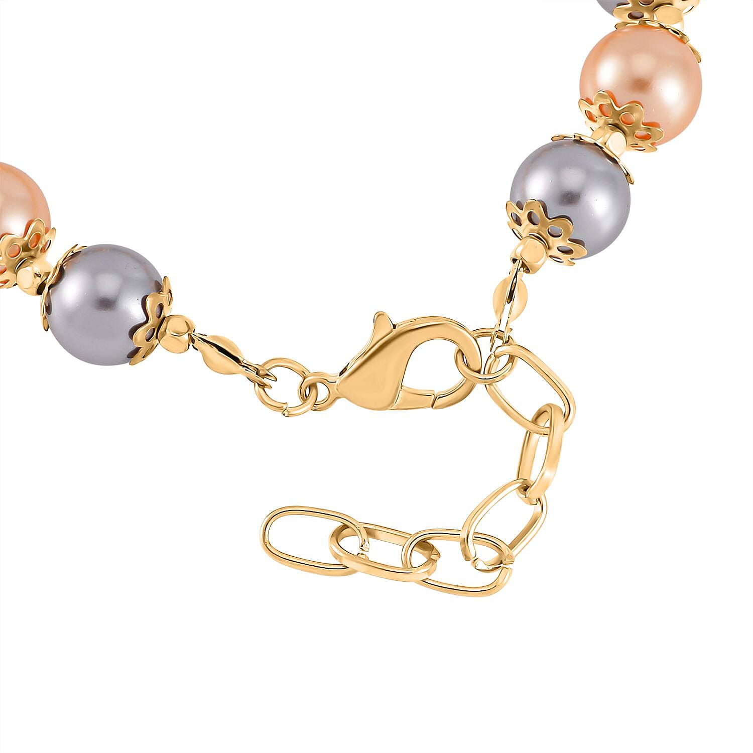 Golden and Silver Shell Pearl Statement Necklace 18-20 Inches and Bracelet (6.5-8.5In) in Goldtone