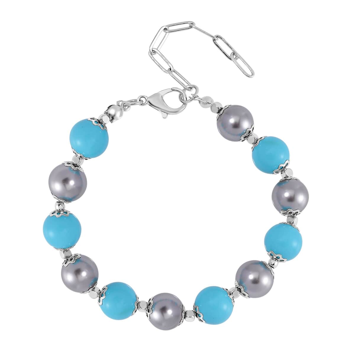Sleeping Beauty and Silver Color Shell Pearl Statement Necklace 18-20 Inches and Bracelet (6.5-8.5In) in Silvertone image number 5