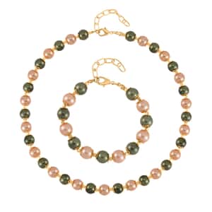 Red and Golden Color Shell Pearl Statement Necklace 18-20 Inches and Bracelet (6.5-8.5In) in Goldtone