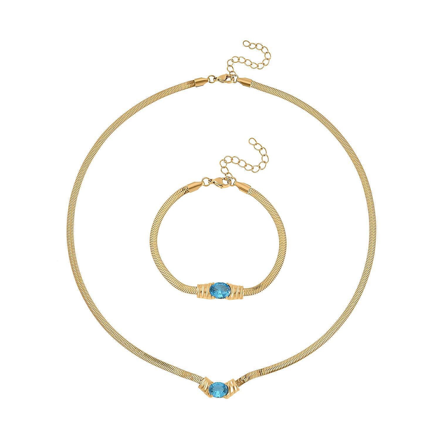 Blue Austrian Crystal Necklace 20 Inches and Bracelet (7.5In) in ION YG Stainless Steel