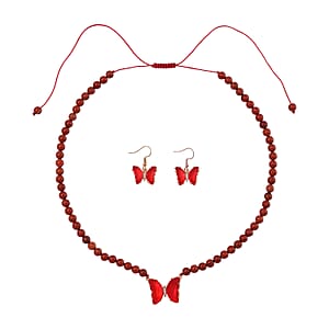 Red Glass, Simulated Diamond and Red Jasper 105.15 ctw Beaded Butterfly Necklace 17-22 Inches and Earrings in Goldtone
