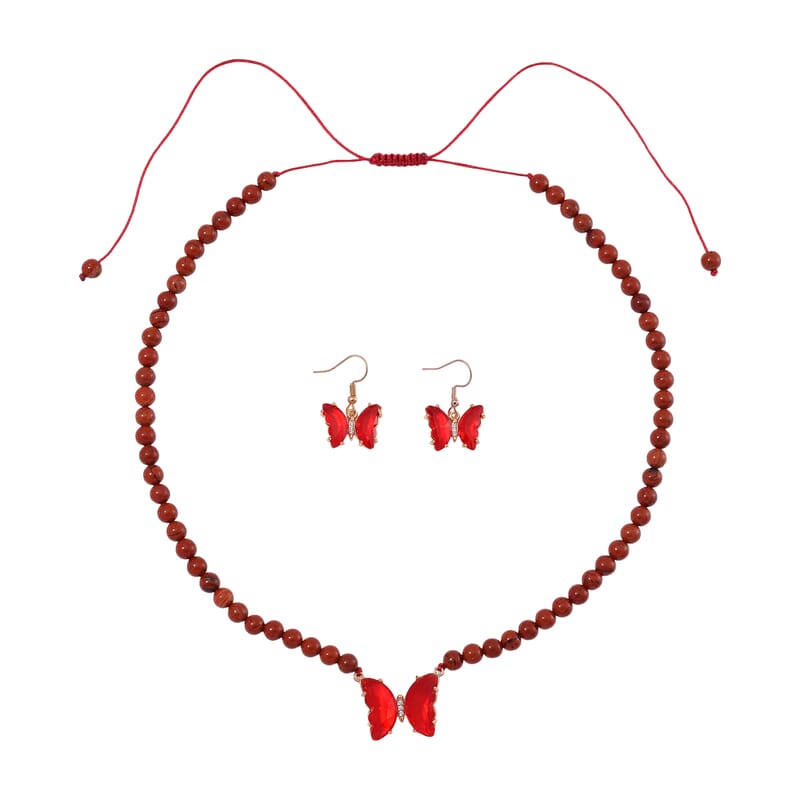 Red Glass, Simulated Diamond and Red Jasper 105.15 ctw Beaded Butterfly Necklace 17-22 Inches and Earrings in Goldtone