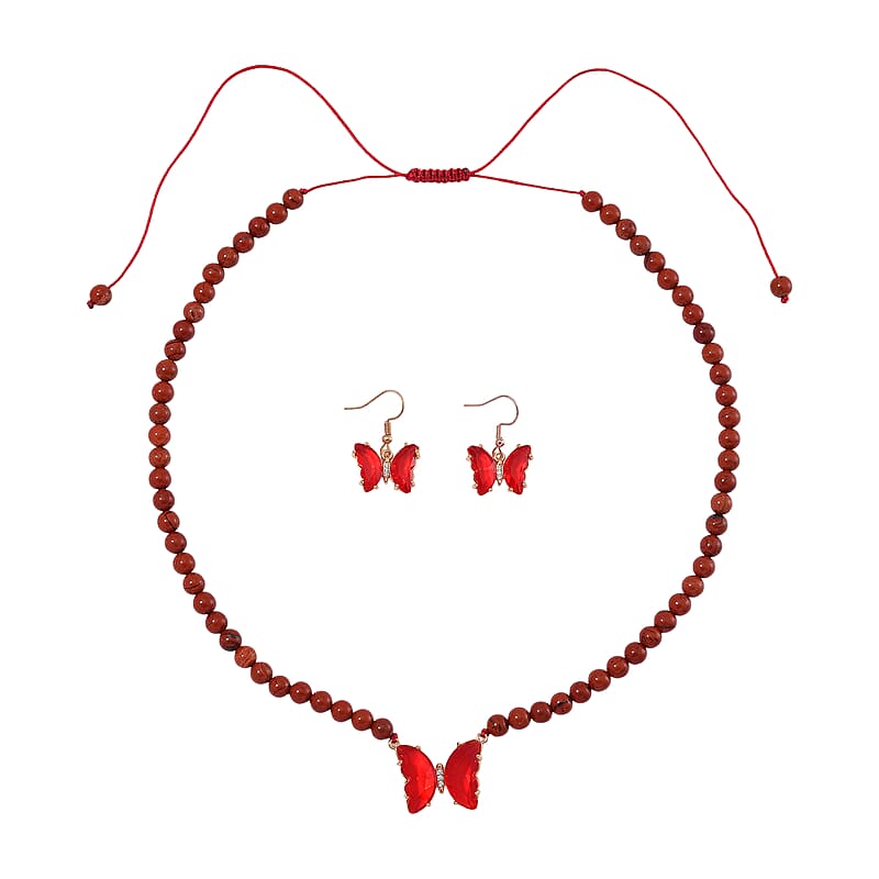 Red Glass, Simulated Diamond and Red Jasper 105.15 ctw Beaded Butterfly Necklace 17-22 Inches and Earrings in Goldtone