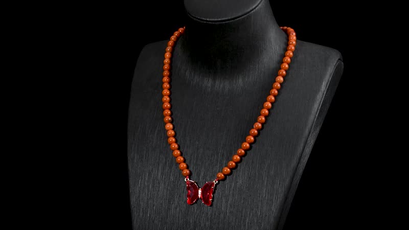 TLV Red Glass, Simulated Diamond and Red Jasper Beaded Butterfly Necklace (17-22 Inches) and Earrings in Goldtone 105.15 ctw