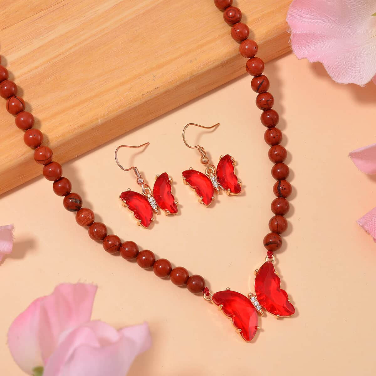 TLV Red Glass, Simulated Diamond and Red Jasper Beaded Butterfly Necklace (17-22 Inches) and Earrings in Goldtone 105.15 ctw image number 1