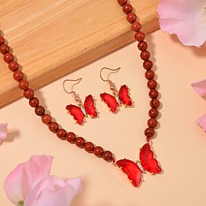 Red Glass, Simulated Diamond and Red Jasper 105.15 ctw Beaded Butterfly Necklace 17-22 Inches and Earrings in Goldtone