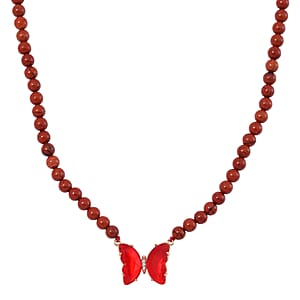 Red Glass, Simulated Diamond and Red Jasper 105.15 ctw Beaded Butterfly Necklace 17-22 Inches and Earrings in Goldtone