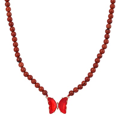 Red Glass, Simulated Diamond and Red Jasper 105.15 ctw Beaded Butterfly Necklace 17-22 Inches and Earrings in Goldtone
