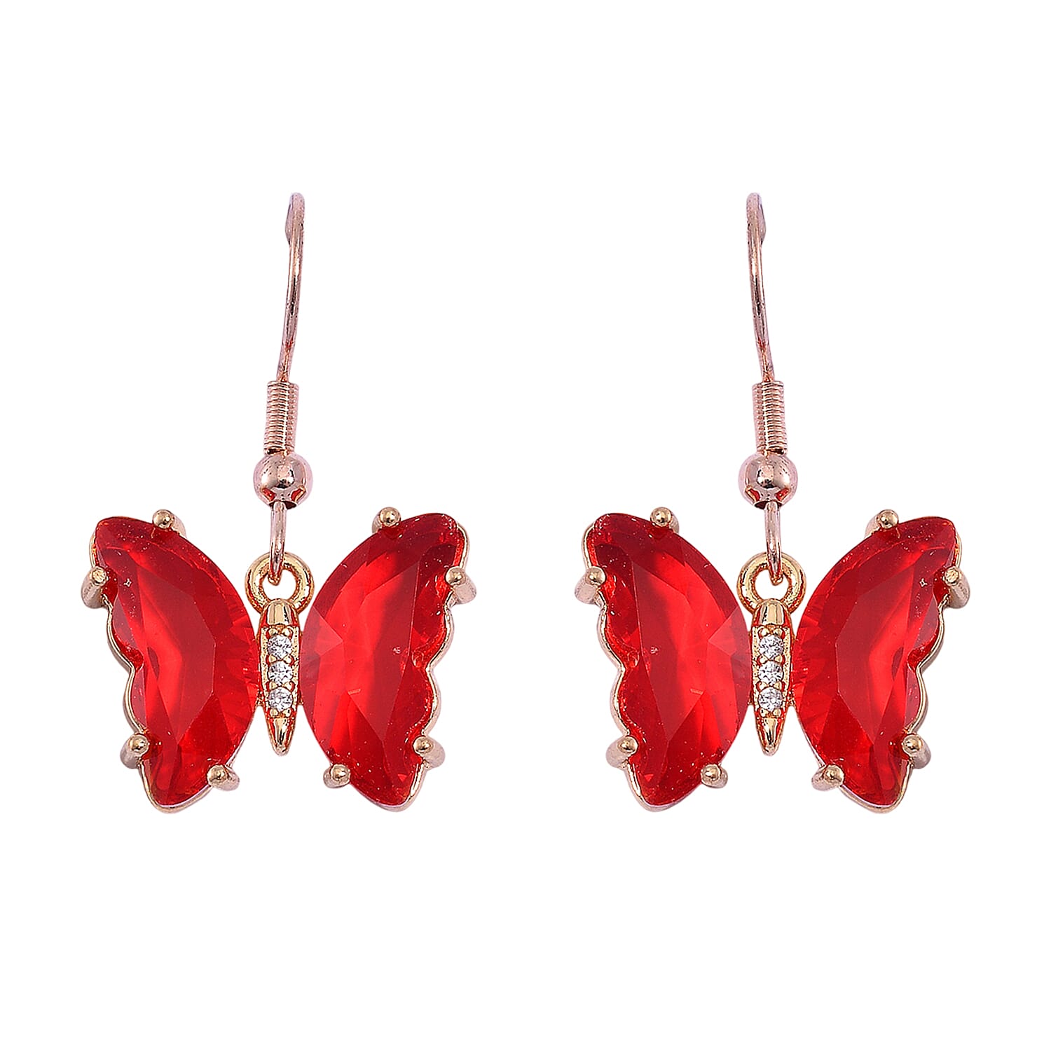 Red Glass, Simulated Diamond and Red Jasper 105.15 ctw Beaded Butterfly Necklace 17-22 Inches and Earrings in Goldtone