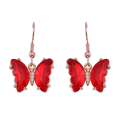 Red Glass, Simulated Diamond and Red Jasper 105.15 ctw Beaded Butterfly Necklace 17-22 Inches and Earrings in Goldtone