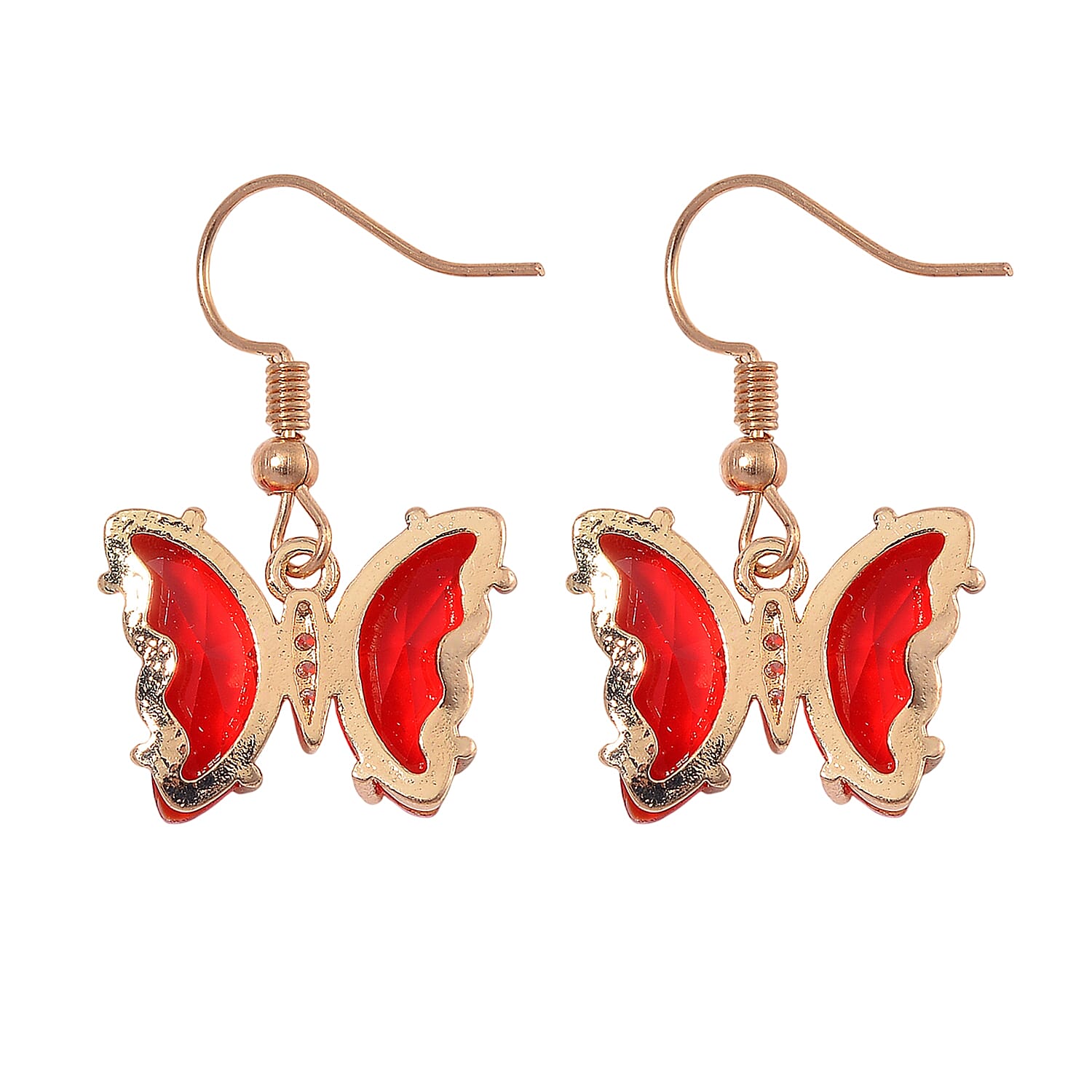 Red Glass, Simulated Diamond and Red Jasper 105.15 ctw Beaded Butterfly Necklace 17-22 Inches and Earrings in Goldtone
