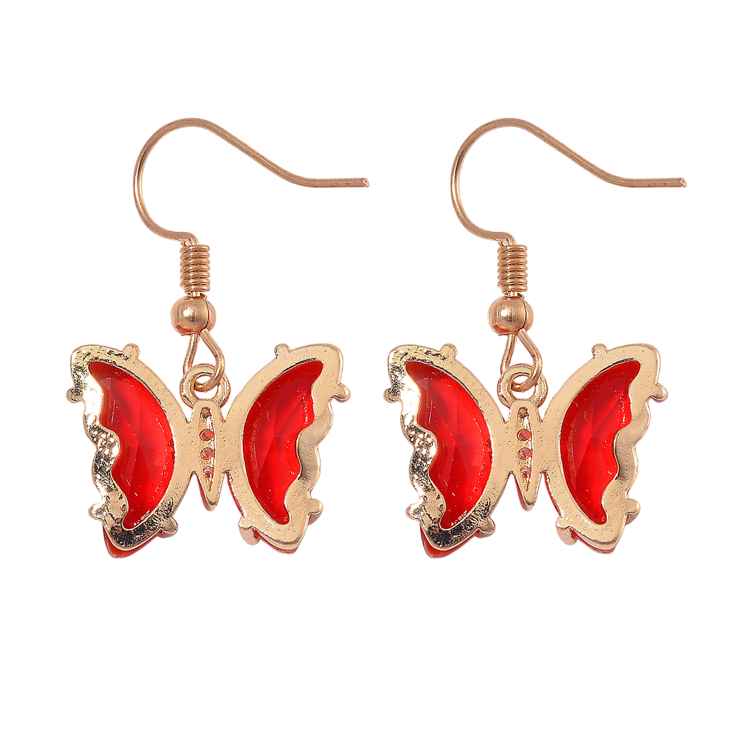 Red Glass, Simulated Diamond and Red Jasper 105.15 ctw Beaded Butterfly Necklace 17-22 Inches and Earrings in Goldtone