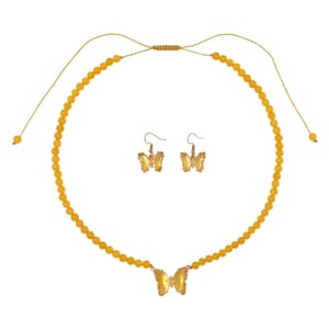 Golden Glass, Simulated Diamond and Yellow Quartzite 105.15 ctw Beaded Butterfly Necklace 17-22 Inches and Earrings in Goldtone