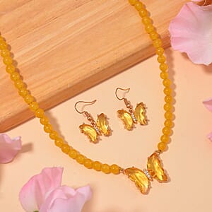 Golden Glass, Simulated Diamond and Yellow Quartzite 105.15 ctw Beaded Butterfly Necklace 17-22 Inches and Earrings in Goldtone