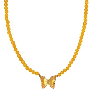 Golden Glass, Simulated Diamond and Yellow Quartzite 105.15 ctw Beaded Butterfly Necklace 17-22 Inches and Earrings in Goldtone