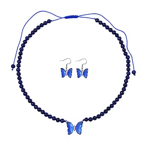 Blue Glass, Simulated Diamond and Lapis Lazuli 105.15 ctw Beaded Butterfly Necklace 17-22 Inches and Earrings in Silvertone