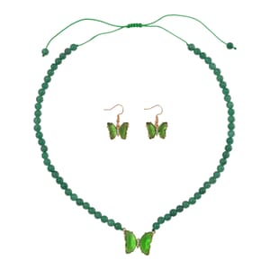 Green Glass, Simulated Diamond and Green Aventurine 105.15 ctw Beaded Butterfly Necklace and Earrings in Goldtone 17-22 Inches