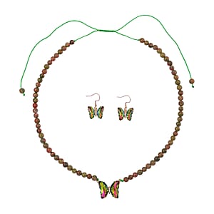 Green Magic Color Glass, Simulated Diamond and Unakite 105.15 ctw Beaded Butterfly Necklace 17-22 Inches and Earrings in Goldtone