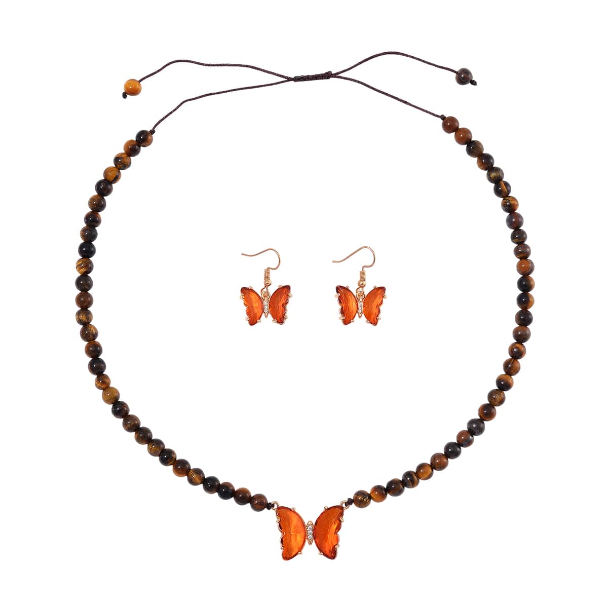 Brown Glass, Simulated Diamond and Yellow Tigers Eye 105.15 ctw Beaded Butterfly Necklace 17-22 Inches and Earrings in Goldtone image number 0