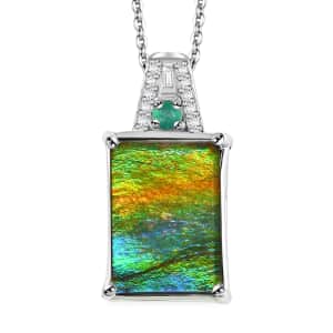 Canadian Ammolite and Emerald, Diamond Pendant Necklace 20 Inches in Rhodium Over Sterling Silver 0.20 ctw