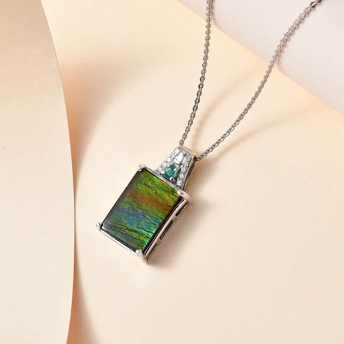 Epic Deal Canadian Ammolite, Emerald, Diamond Pendant Necklace (20 Inches) in Rhodium Over Sterling Silver 0.20 ctw image number 1