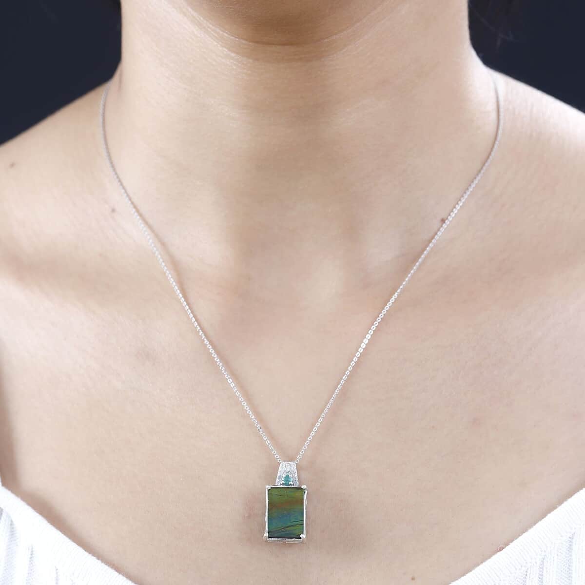 Epic Deal Canadian Ammolite, Emerald, Diamond Pendant Necklace (20 Inches) in Rhodium Over Sterling Silver 0.20 ctw image number 2