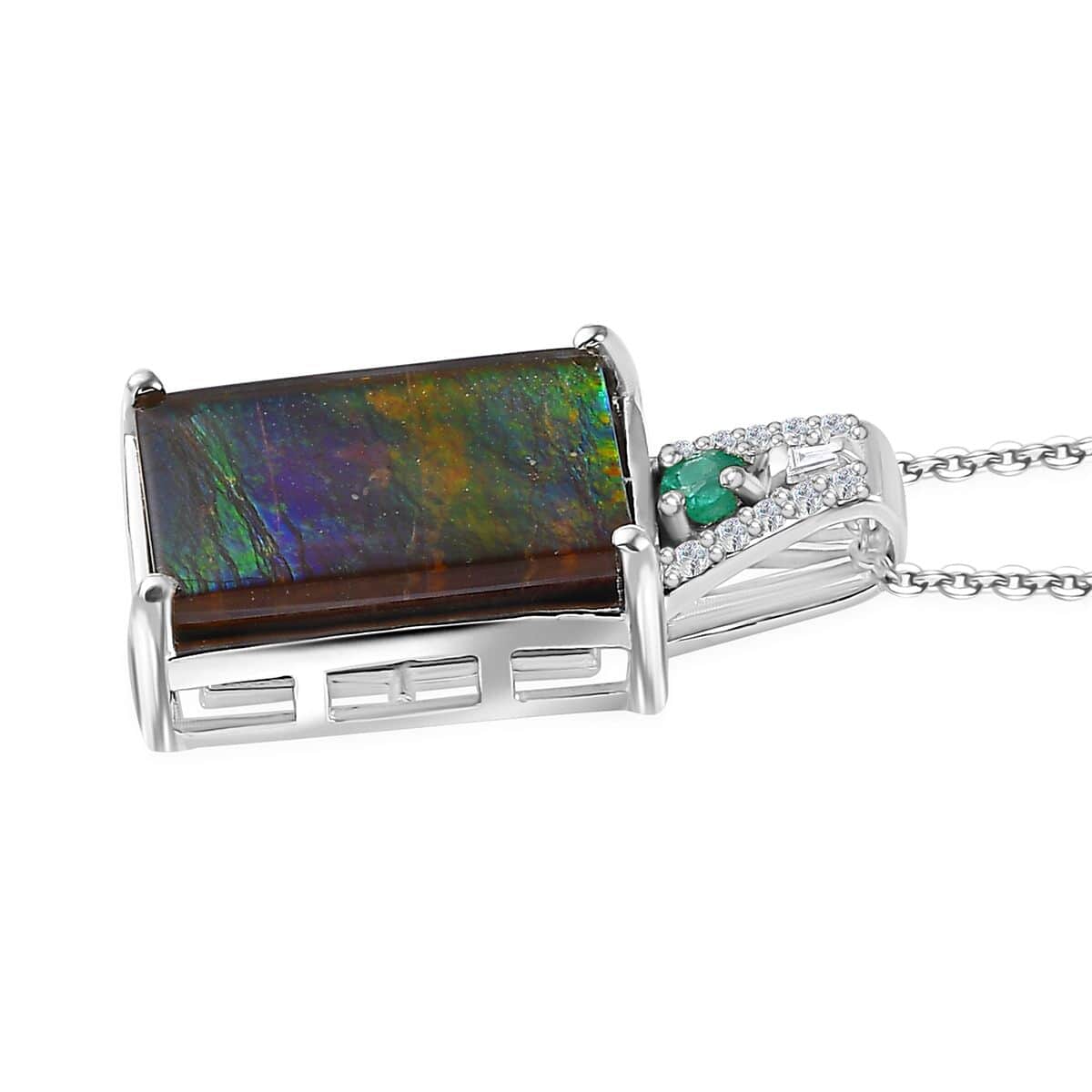 Canadian Ammolite and Emerald, Diamond Pendant Necklace 20 Inches in Rhodium Over Sterling Silver 0.20 ctw image number 3