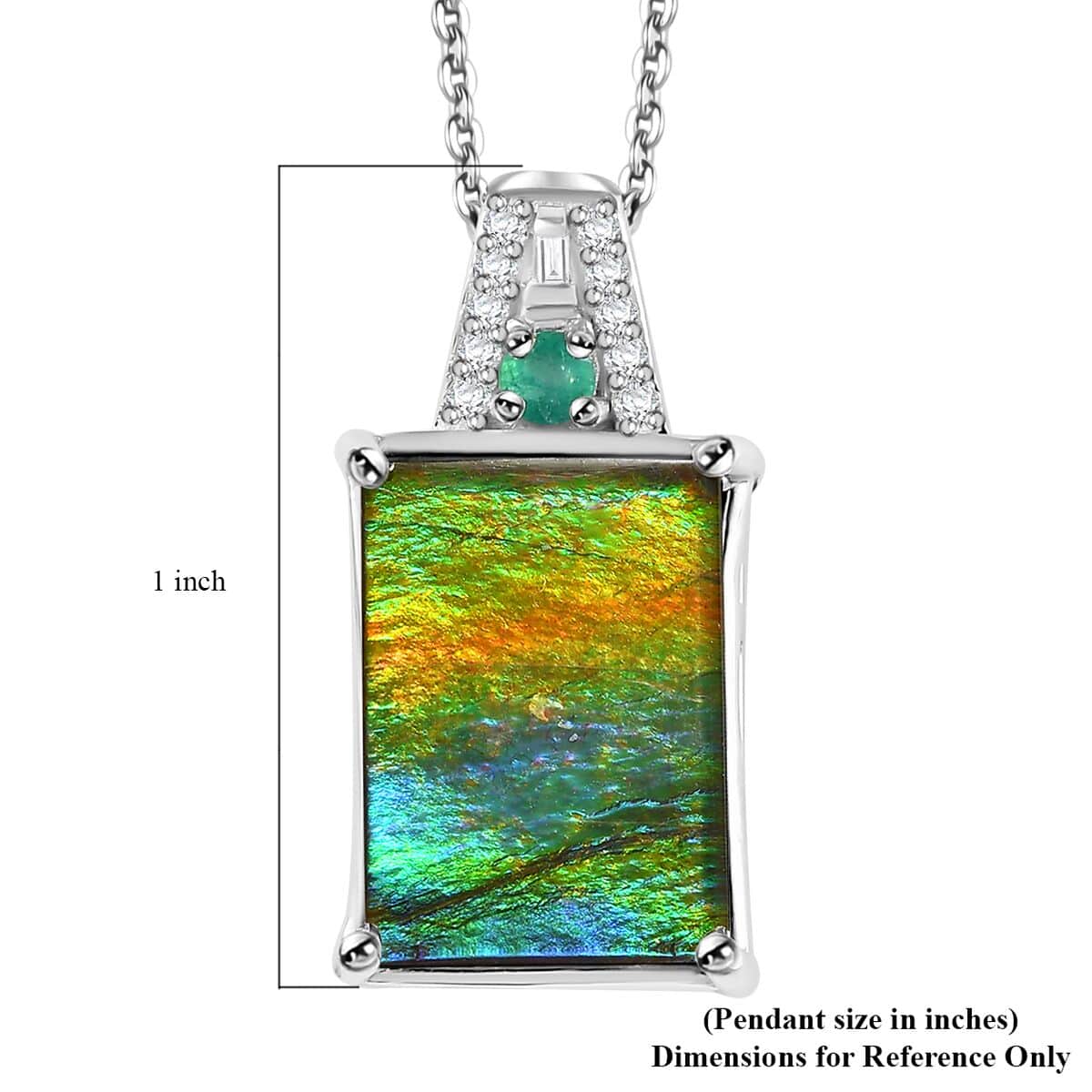 Canadian Ammolite and Emerald, Diamond Pendant Necklace 20 Inches in Rhodium Over Sterling Silver 0.20 ctw image number 6