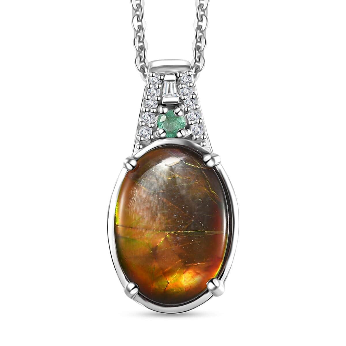 Canadian Ammolite and Emerald, Diamond Pendant Necklace 20 Inches in Rhodium Over Sterling Silver 0.20 ctw image number 0