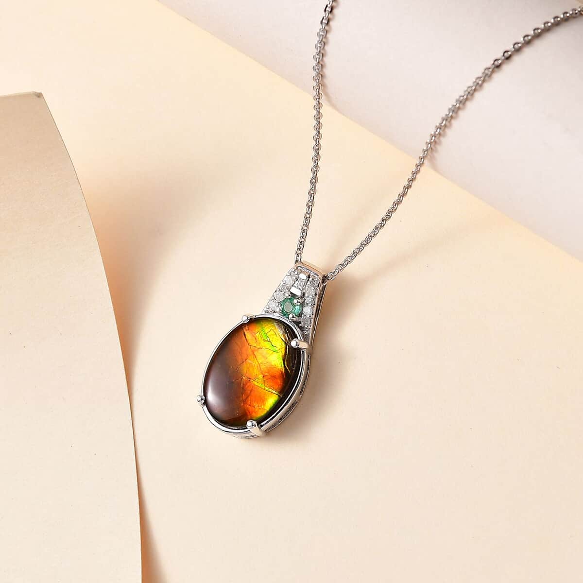 Canadian Ammolite and Emerald, Diamond Pendant Necklace 20 Inches in Rhodium Over Sterling Silver 0.20 ctw image number 1