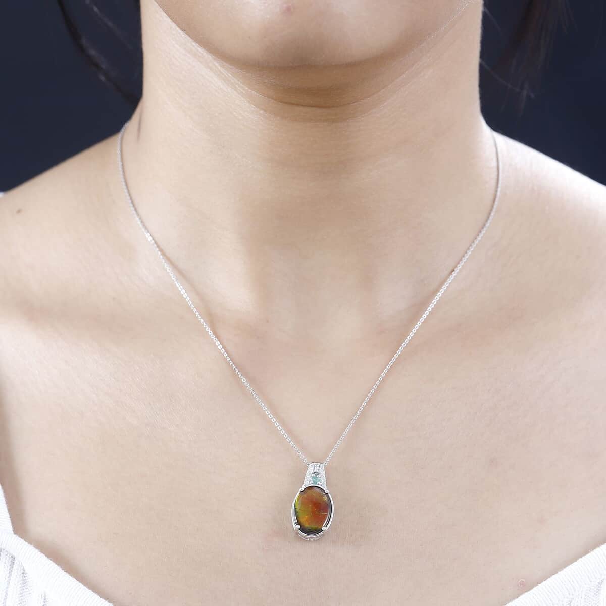 Canadian Ammolite and Emerald, Diamond Pendant Necklace 20 Inches in Rhodium Over Sterling Silver 0.20 ctw image number 2