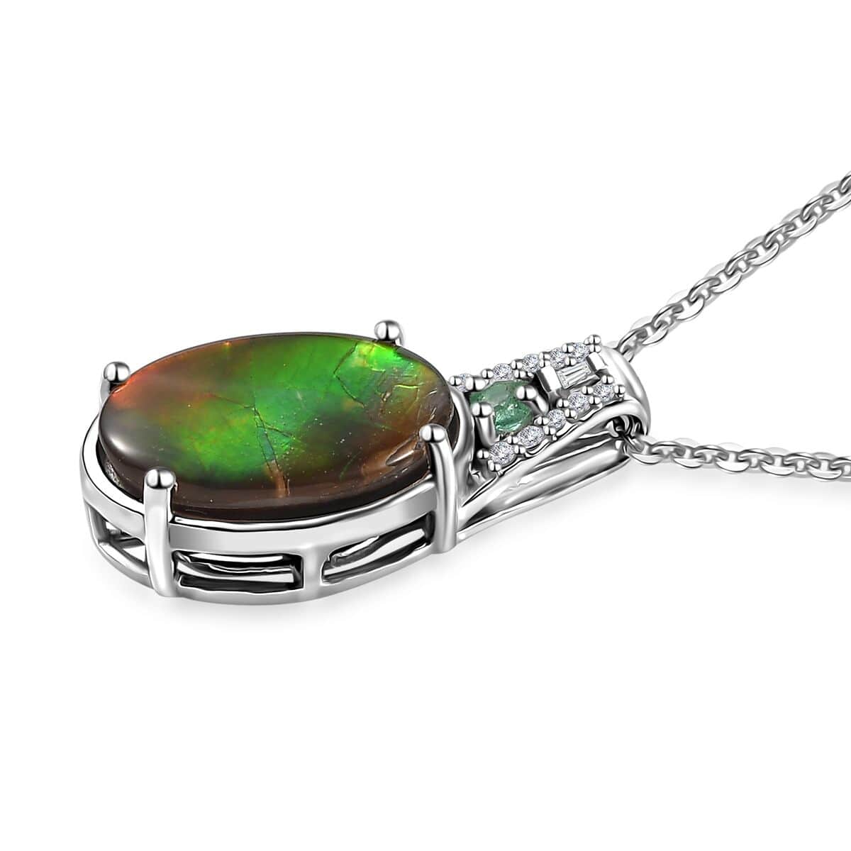 Canadian Ammolite and Emerald, Diamond Pendant Necklace 20 Inches in Rhodium Over Sterling Silver 0.20 ctw image number 3