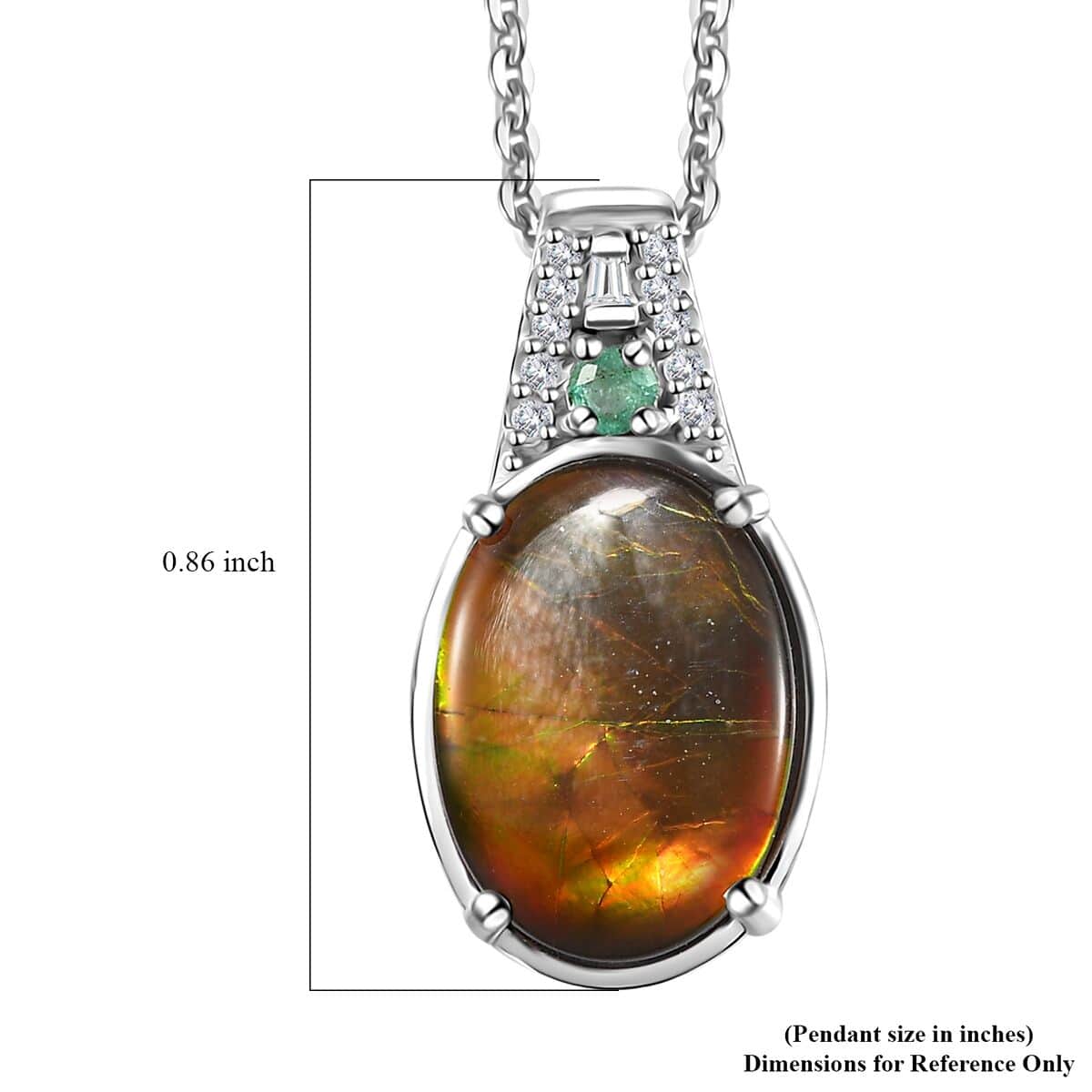 Canadian Ammolite and Emerald, Diamond Pendant Necklace 20 Inches in Rhodium Over Sterling Silver 0.20 ctw image number 6