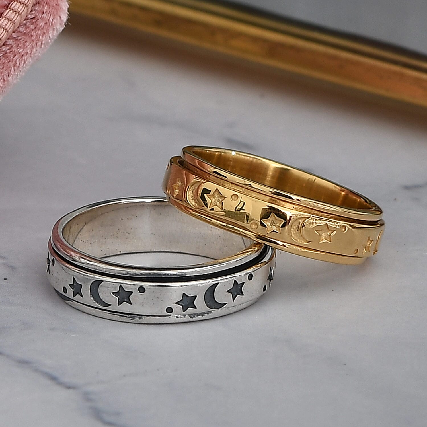 Set of 2 Vermeil YG and Platinum Over Sterling Silver Moon Star Fidget Spinner Ring for Anxiety (Size 5.0) (9.80 g)