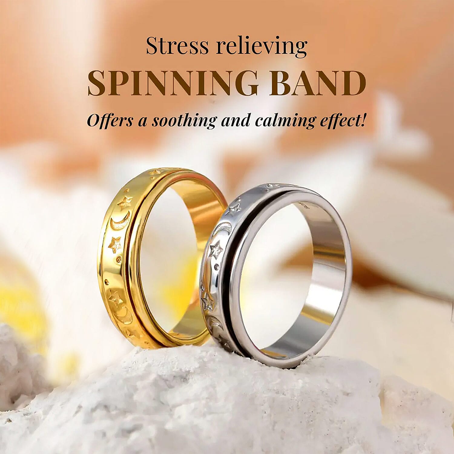 Set of 2 Vermeil YG and Platinum Over Sterling Silver Moon Star Fidget Spinner Ring for Anxiety (Size 5.0) (9.80 g)