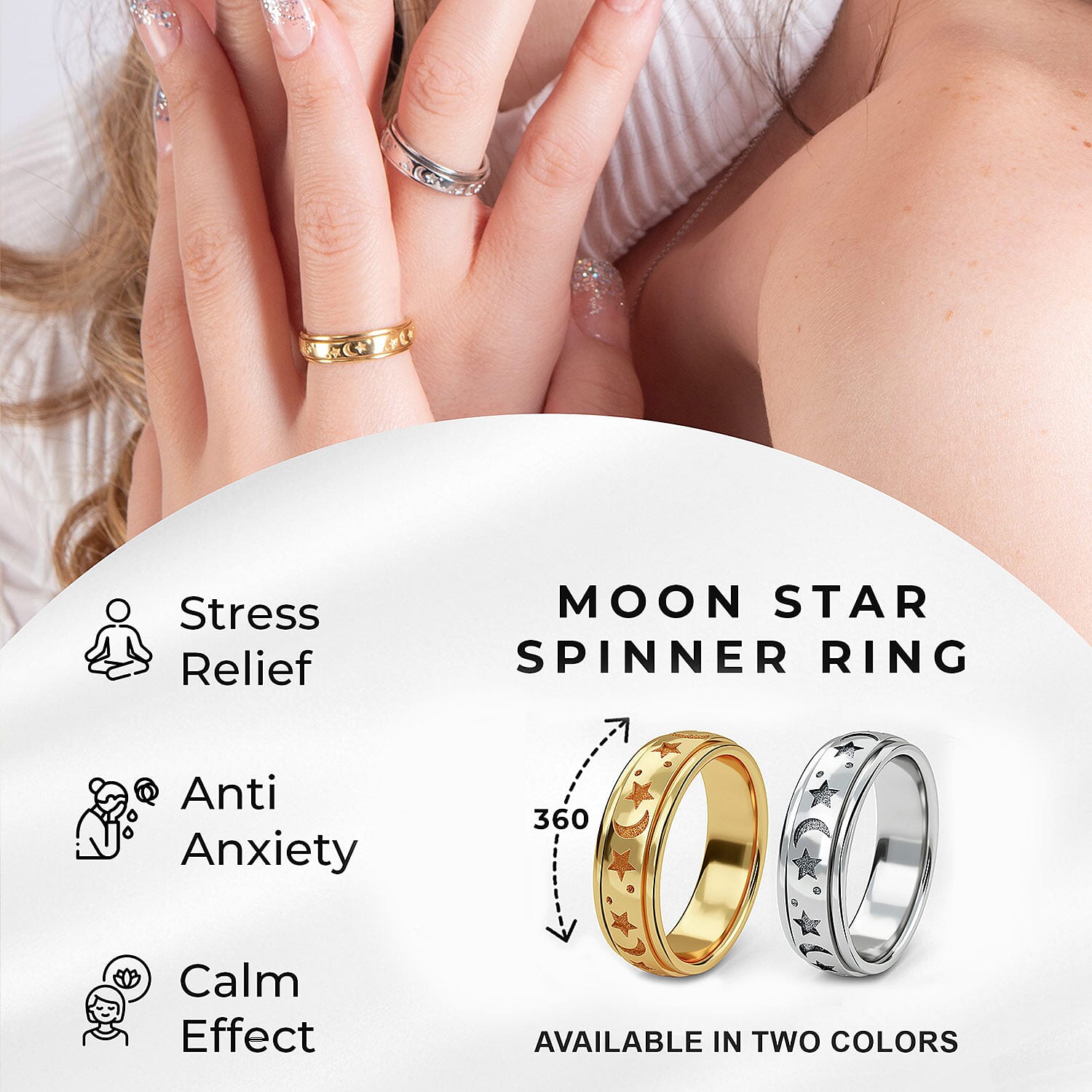 Set of 2 Vermeil YG and Platinum Over Sterling Silver Moon Star Fidget Spinner Ring for Anxiety (Size 5.0) (9.80 g)